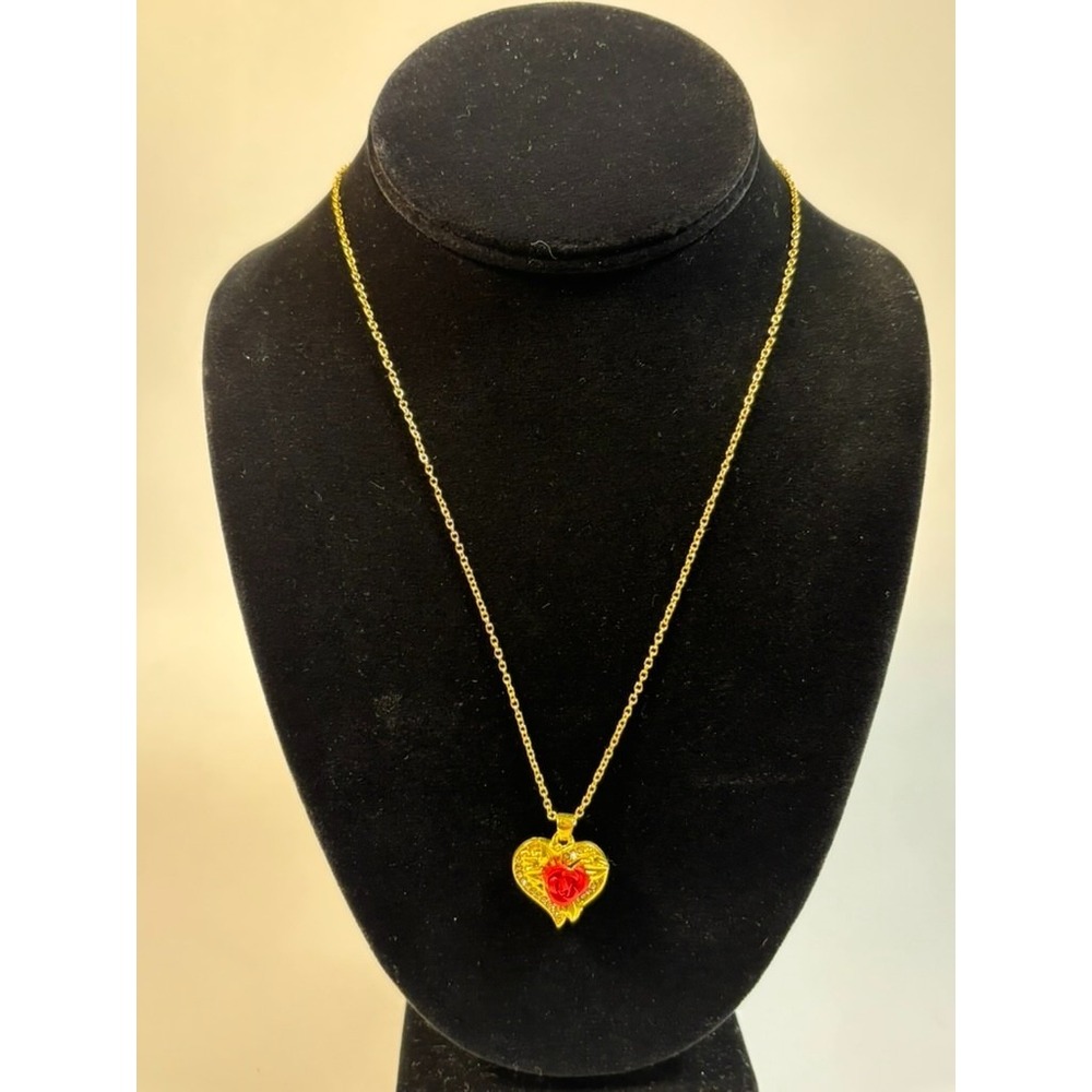 Heart Necklace Gold Tone Red Rose Crystal Filigree Pendant 18 Inch‎ Chain